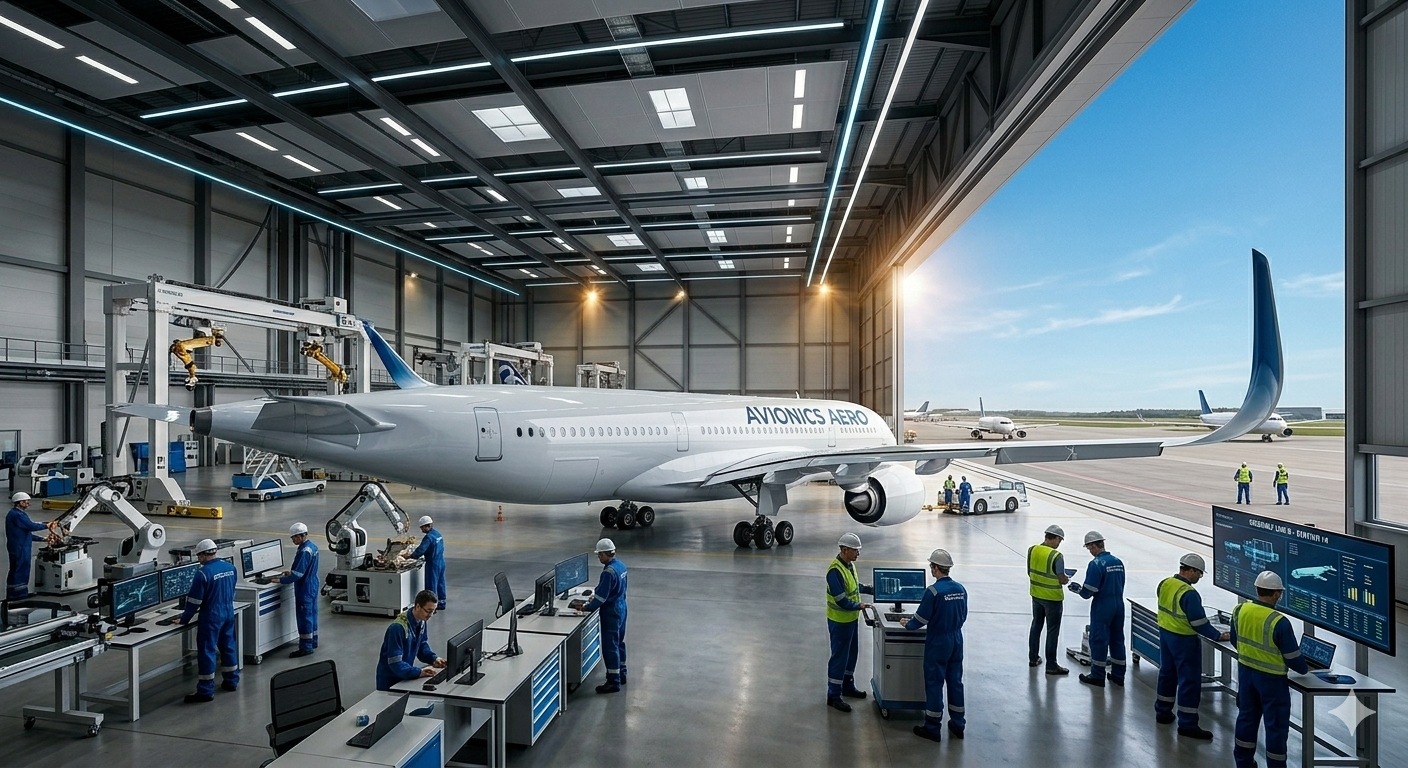 A completed modern commercial passenger airplane in a hangar, gleaming white fuselage, cinematic lighting, wide angle, engineering marvel, photorealistic aviation masterpiece wing span --no woman